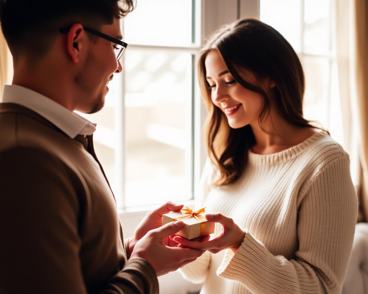 Couple sharing an anniversary gift by the window