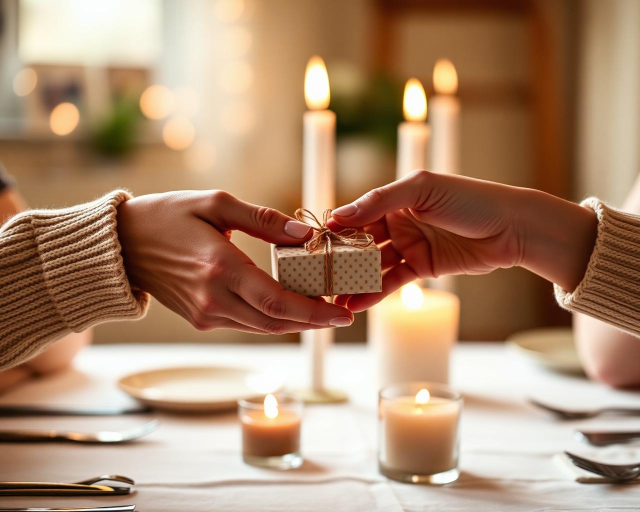 Friends exchanging a birthday gift over a candlelit table