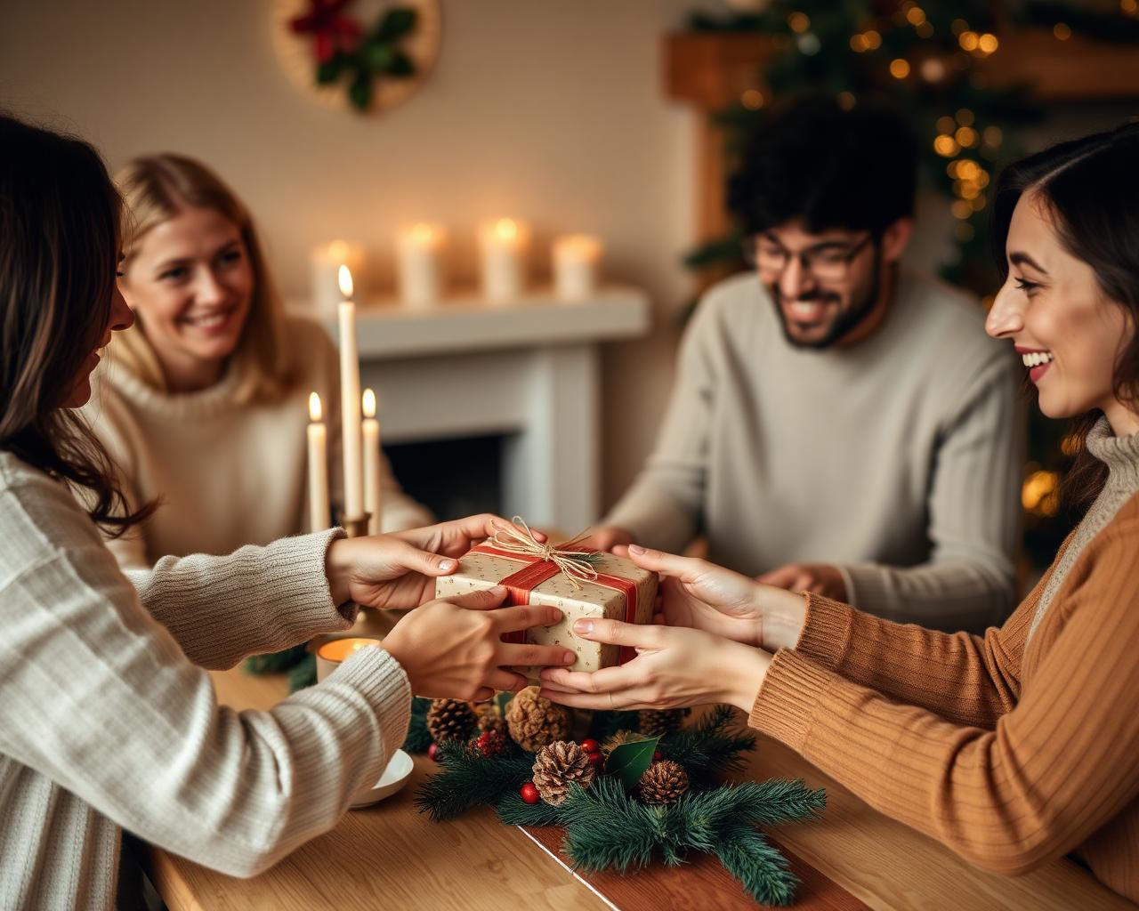 Family passing a wrapped holiday gift around the table