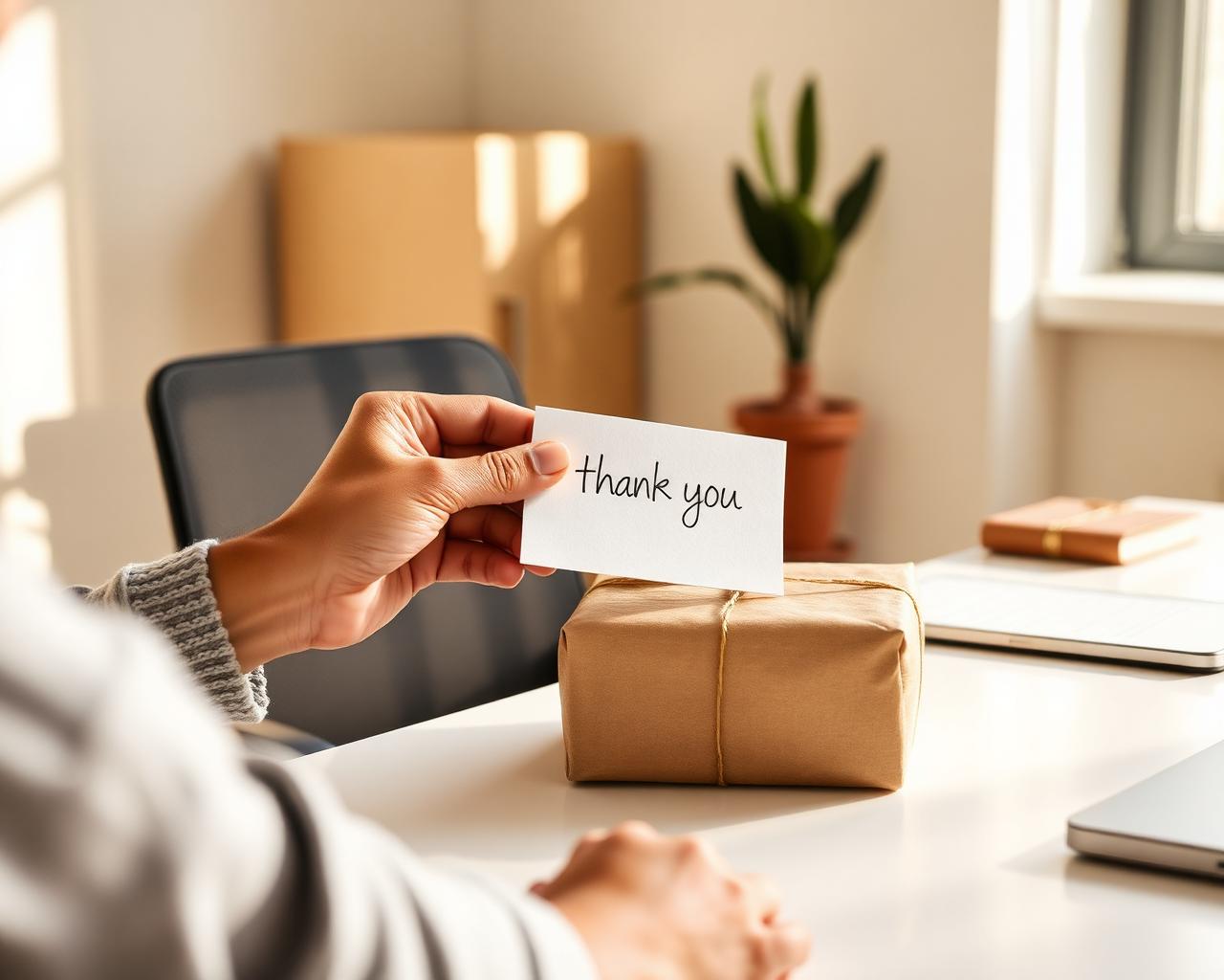 Hand placing a thank-you note on a colleague's gift